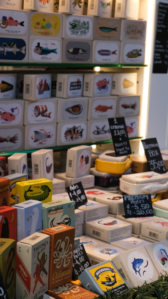 About Vibrant assortment of canned seafood in a market setting.